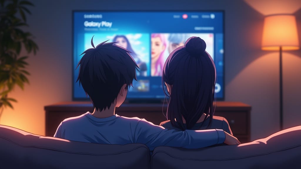 A couple watching TV with Galaxy Play VIP