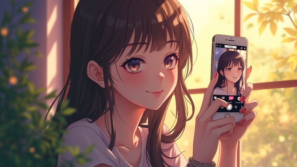 Một cô gái xinh đẹp chụp hình với app chỉnh ảnh