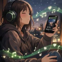 Anime girl wearing headphones and holding a smartphone with Spotify Premium playing against a starry night city background.