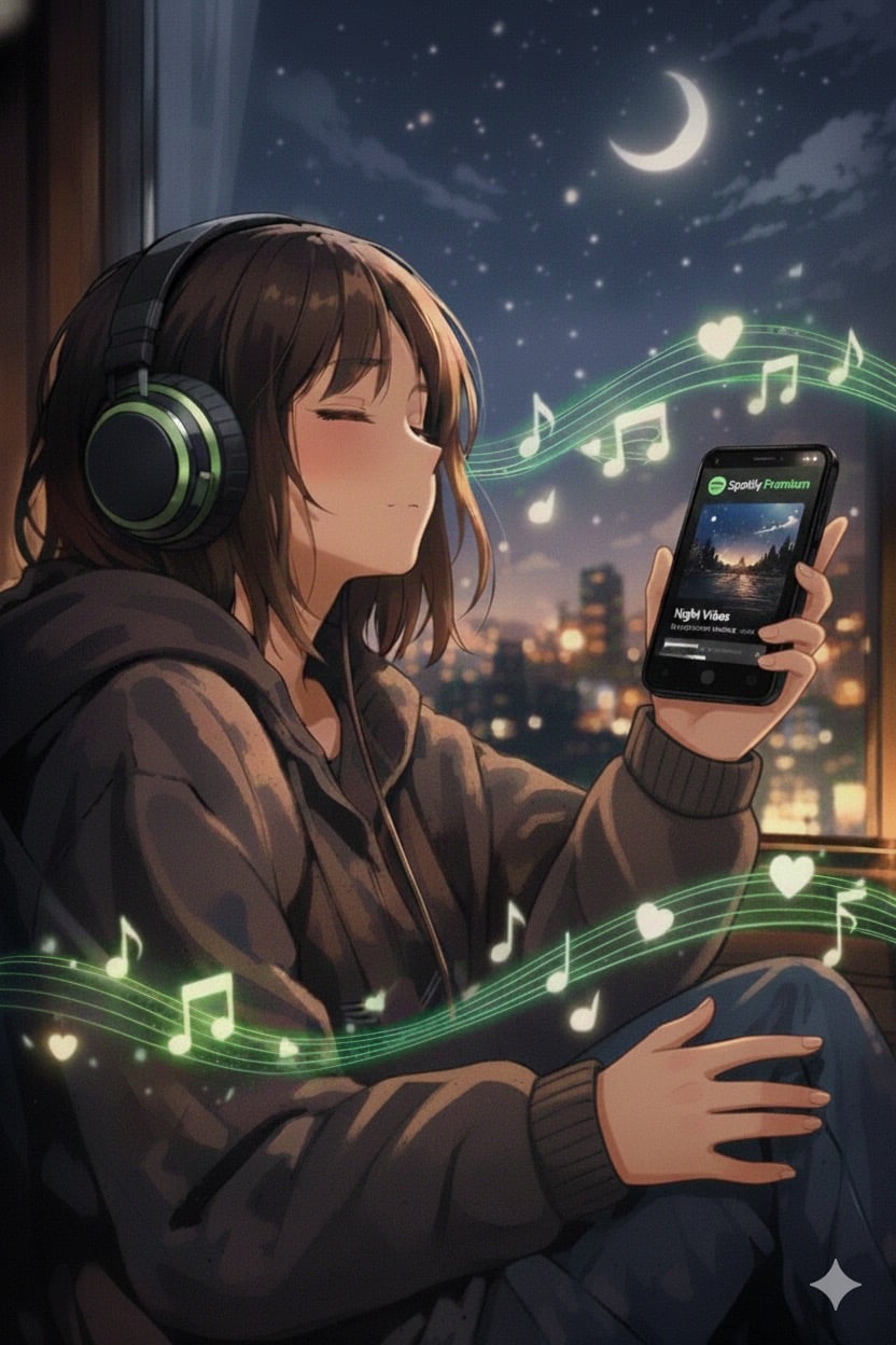 Anime girl wearing headphones and holding a smartphone with Spotify Premium playing against a starry night city background.