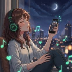 Anime girl wearing headphones and holding a smartphone with Spotify playing against a starry night city background.