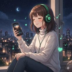 Anime girl wearing headphones and holding a smartphone with Spotify playing against a starry night city background.
